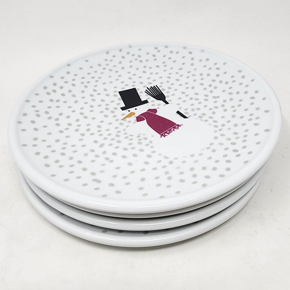 4 BODUM Salad Dessert Plates Snowman Christmas Snowflake 8.5" White W/ Silver
